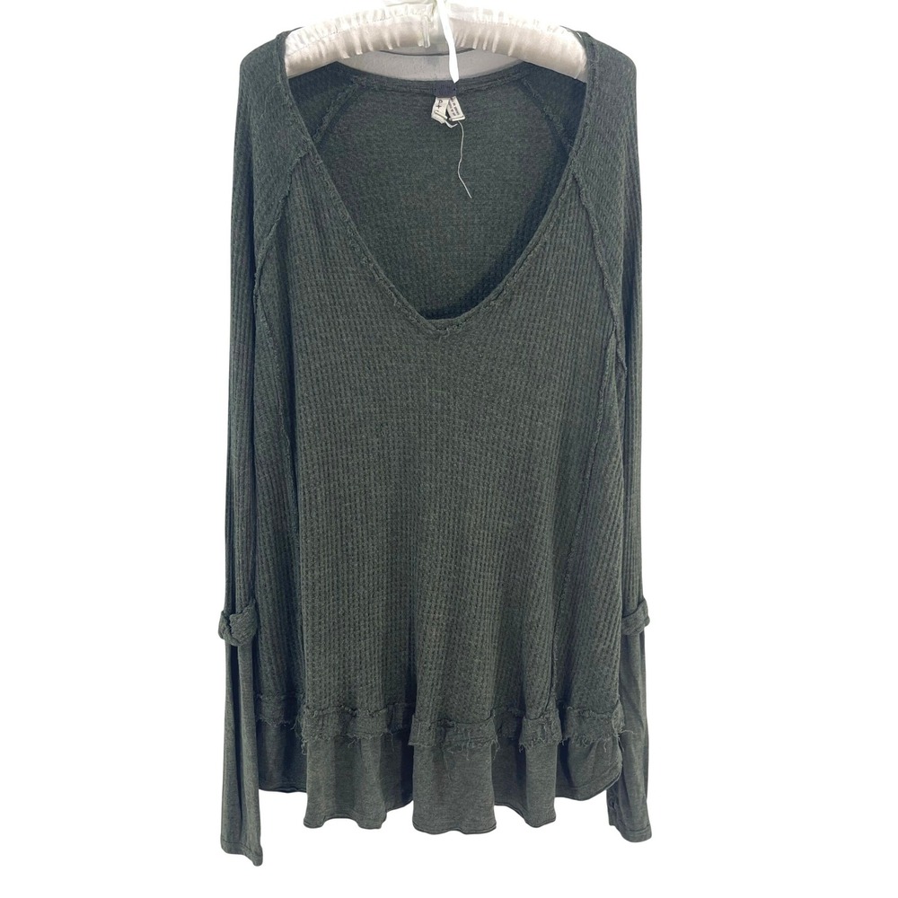 We The Free Free People‎ Thermal Top Womens S Green Waffle Oversized Lagenlook